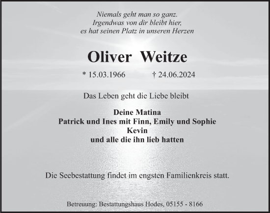 Traueranzeige von Oliver Weitze von Deister- und Weserzeitung