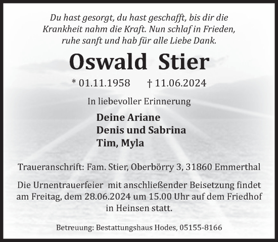 Traueranzeige von Oswald Stier von Deister- und Weserzeitung