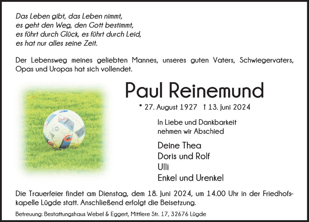  Traueranzeige für Paul Reinemund vom 17.06.2024 aus Deister- und Weserzeitung