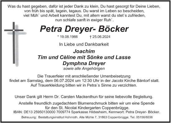 Traueranzeige von Petra Dreyer- Böcker von Deister- und Weserzeitung