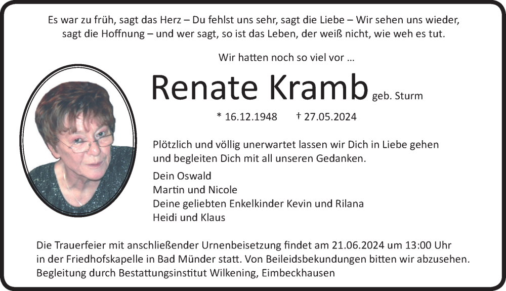  Traueranzeige für Renate Kramb vom 15.06.2024 aus Neue Deister-Zeitung