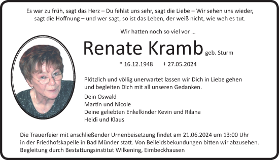 Traueranzeige von Renate Kramb von Neue Deister-Zeitung