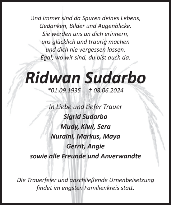 Traueranzeige von Ridwan Sudarbo von Deister- und Weserzeitung
