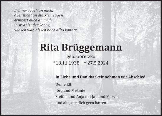 Traueranzeige von Rita Brüggemann von Deister- und Weserzeitung