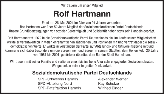 Traueranzeige von Rolf Hartmann von Deister- und Weserzeitung