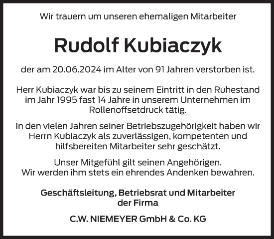 Traueranzeige von Rudolf Kubiaczyk von Deister- und Weserzeitung