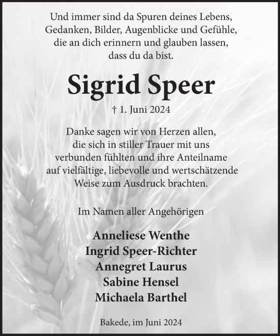 Traueranzeige von Sigrid Speer von Neue Deister-Zeitung