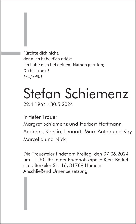 Traueranzeige von Stefan Schiemenz von Deister- und Weserzeitung