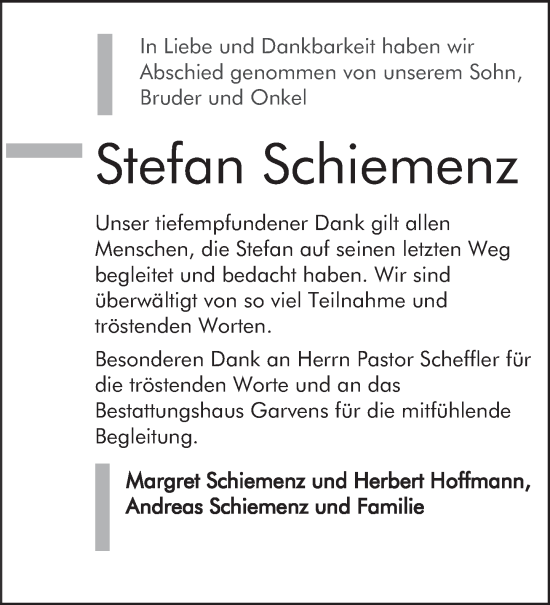 Traueranzeige von Stefan Schiemenz von Deister- und Weserzeitung