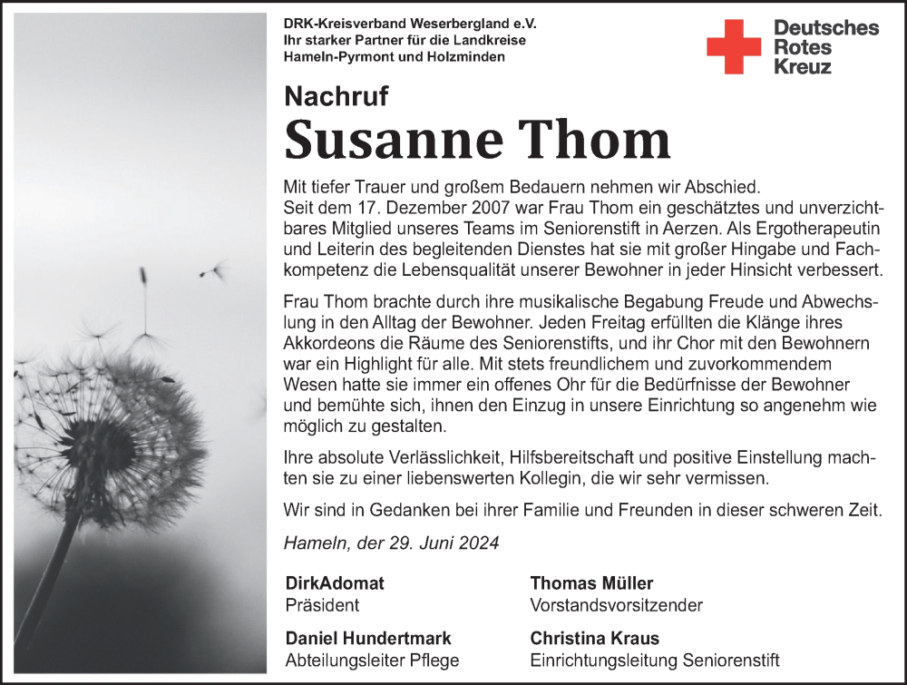  Traueranzeige für Susanne Thom vom 29.06.2024 aus Deister- und Weserzeitung