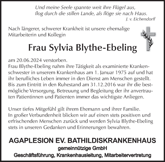 Traueranzeige von Sylvia Blythe-Ebeling von Deister- und Weserzeitung