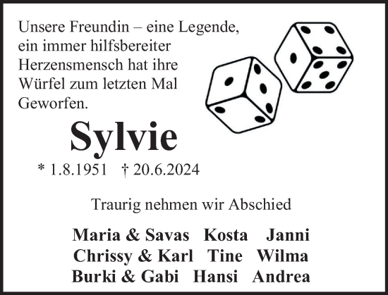 Traueranzeige von Sylvie  von Deister- und Weserzeitung