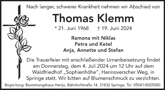Traueranzeige von Thomas Klemm von Neue Deister-Zeitung