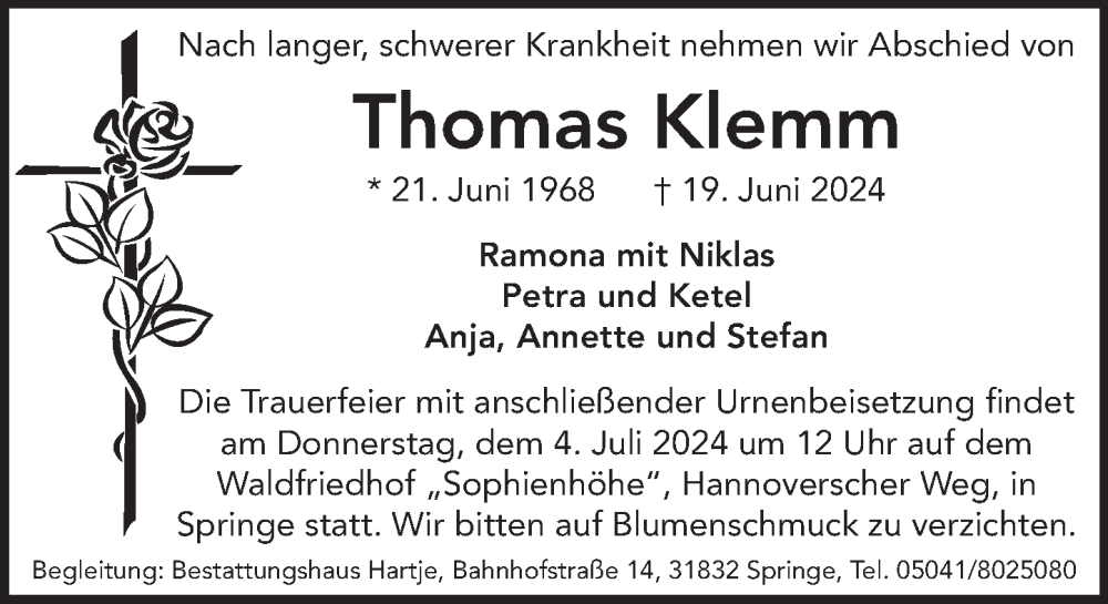  Traueranzeige für Thomas Klemm vom 29.06.2024 aus Neue Deister-Zeitung