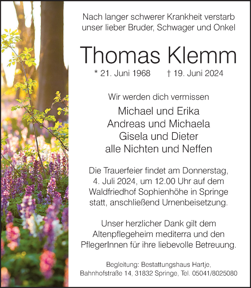  Traueranzeige für Thomas Klemm vom 29.06.2024 aus Neue Deister-Zeitung