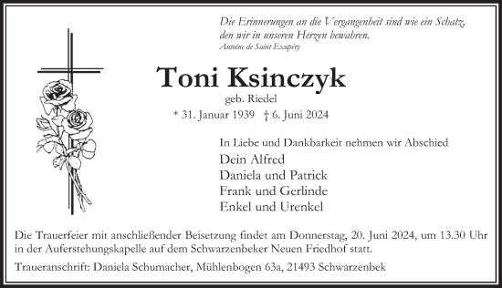 Traueranzeige von Toni Ksinczyk von Deister- und Weserzeitung