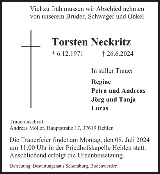 Traueranzeige von Torsten Neckritz von Deister- und Weserzeitung