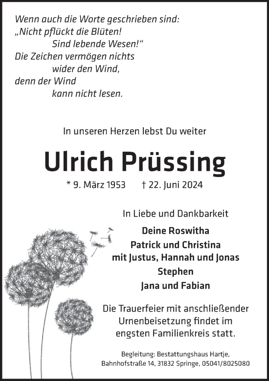 Traueranzeige von Ulrich Prüssing von Neue Deister-Zeitung