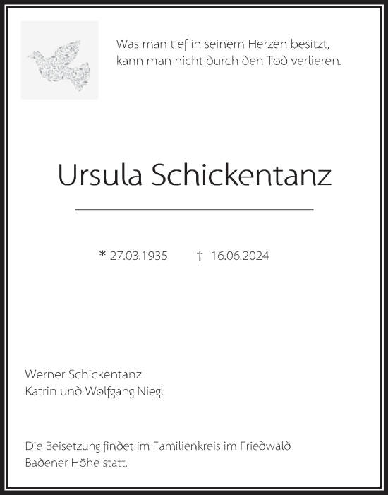 Traueranzeige von Ursula Schickentanz von Deister- und Weserzeitung