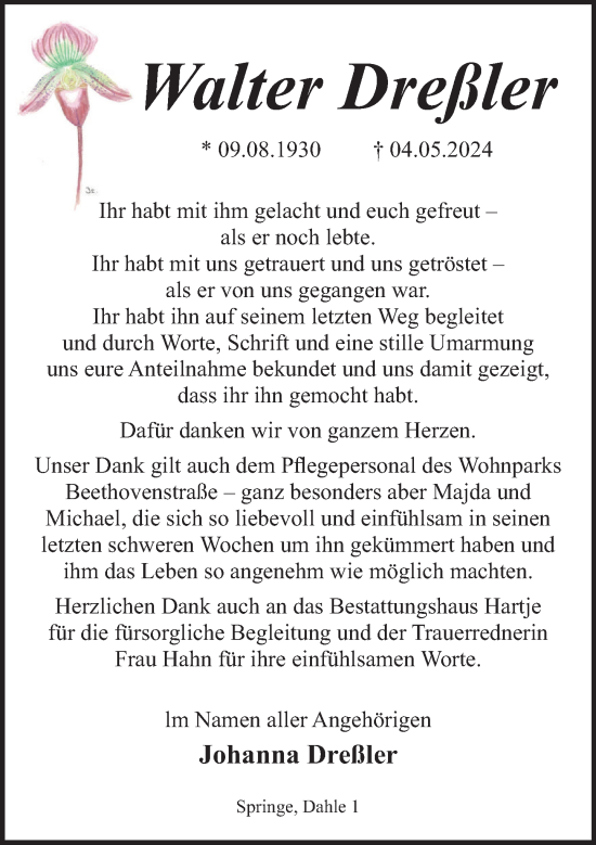Traueranzeige von Walter Dreßler von Neue Deister-Zeitung