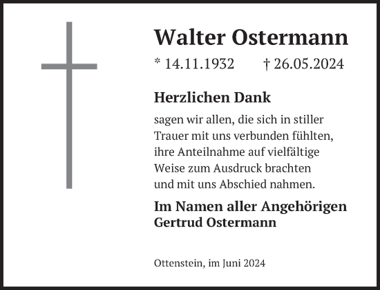 Traueranzeige von Walter Ostermann von Deister- und Weserzeitung