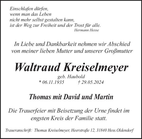 Traueranzeige von Waltraud Kreiselmeyer von Deister- und Weserzeitung