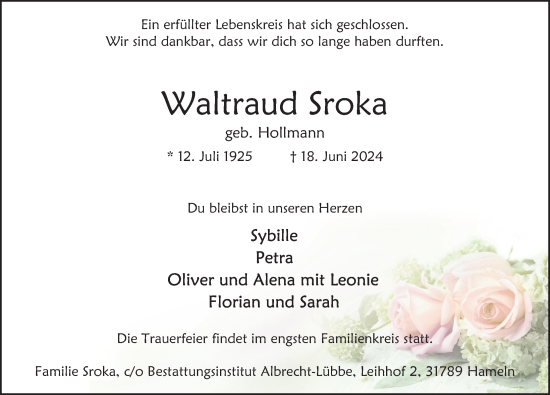 Traueranzeige von Waltraud Sroka von Deister- und Weserzeitung