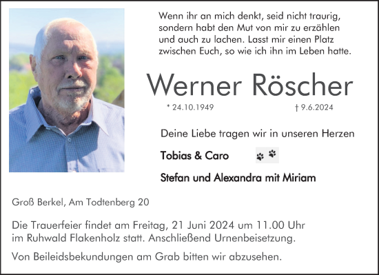 Traueranzeige von Werner Röscher von Deister- und Weserzeitung