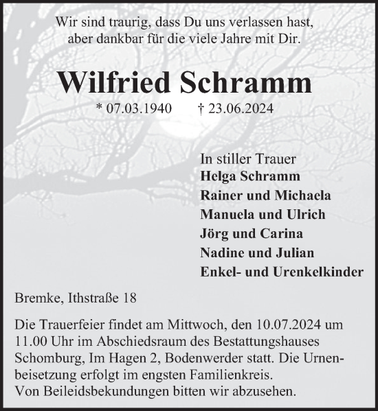 Traueranzeige von Wilfried Schramm von Deister- und Weserzeitung