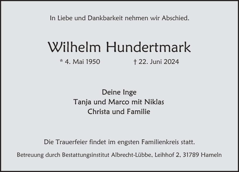  Traueranzeige für Wilhelm Hundertmark vom 29.06.2024 aus Deister- und Weserzeitung