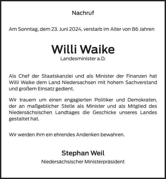 Traueranzeige von Willi Waike von Deister- und Weserzeitung