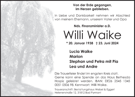 Traueranzeige von Willi Waike von Deister- und Weserzeitung