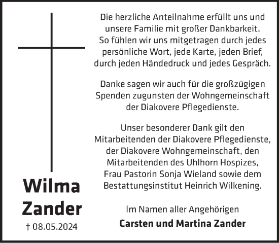 Traueranzeige von Wilma Zander von Neue Deister-Zeitung