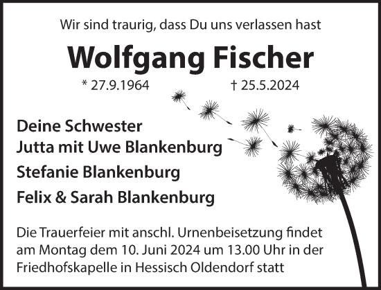 Traueranzeige von Wolfgang Fischer von Deister- und Weserzeitung