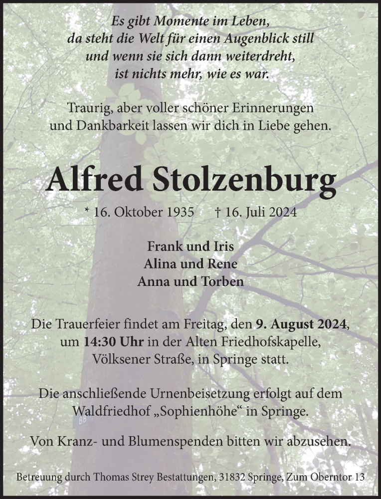  Traueranzeige für Alfred Stolzenburg vom 03.08.2024 aus Neue Deister-Zeitung