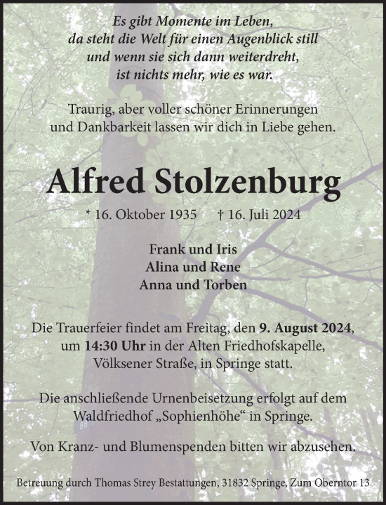 Traueranzeige von Alfred Stolzenburg von Neue Deister-Zeitung