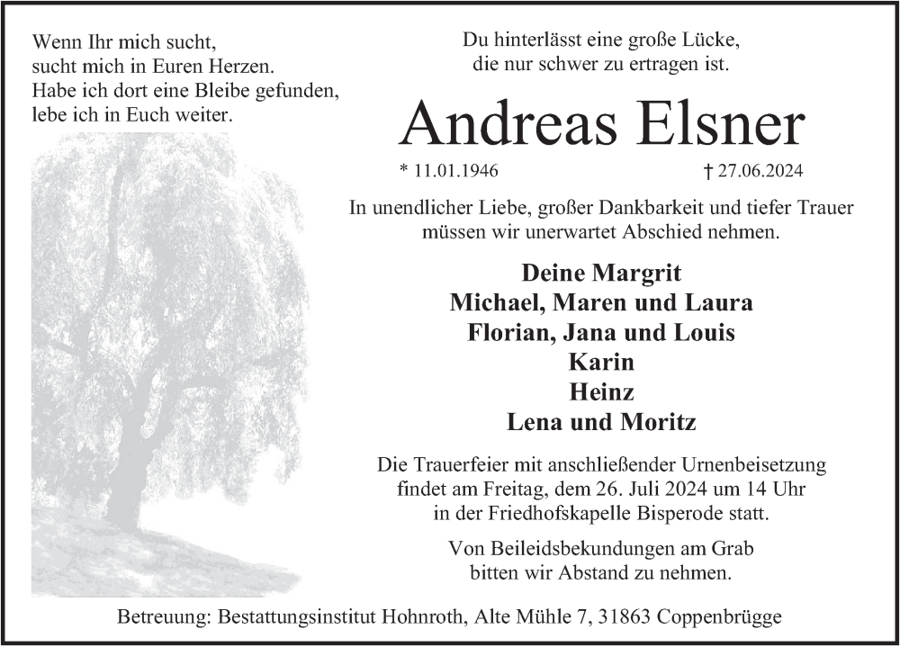  Traueranzeige für Andreas Elsner vom 13.07.2024 aus Deister- und Weserzeitung