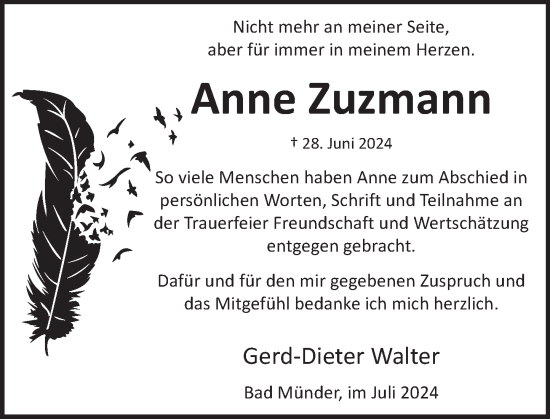 Traueranzeige von Anne Zuzmann von Neue Deister-Zeitung