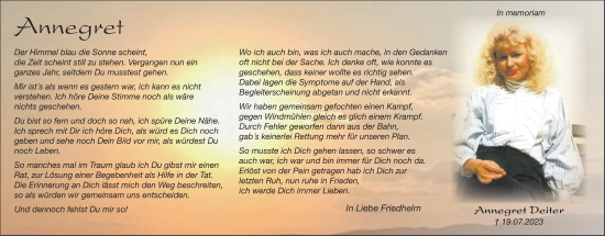 Traueranzeige von Annegret Deiter von Deister- und Weserzeitung