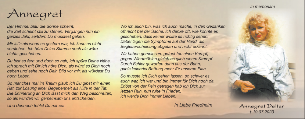  Traueranzeige für Annegret Deiter vom 20.07.2024 aus Deister- und Weserzeitung