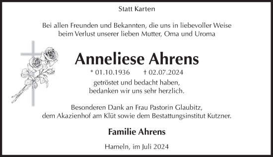 Traueranzeige von Anneliese Ahrens von Deister- und Weserzeitung