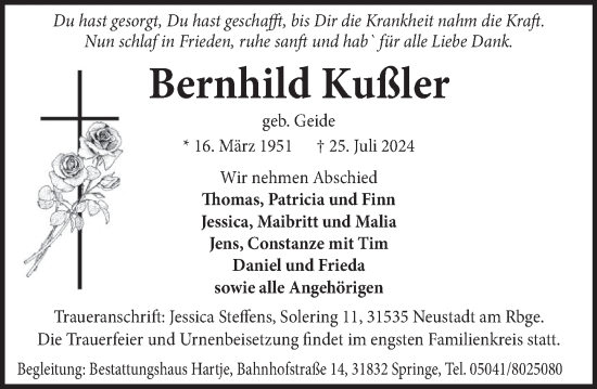 Traueranzeige von Bernhild Kußler von Neue Deister-Zeitung