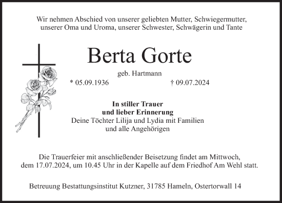 Traueranzeige von Berta Gorte von Deister- und Weserzeitung