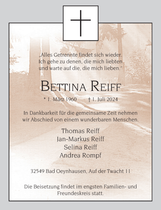 Traueranzeige von Bettina Reiff von Deister- und Weserzeitung