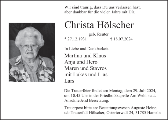 Traueranzeige von Christa Hölscher von Deister- und Weserzeitung