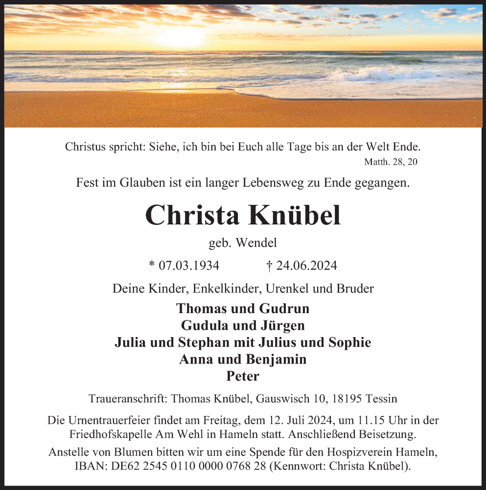  Traueranzeige für Christa Knübel vom 06.07.2024 aus Deister- und Weserzeitung