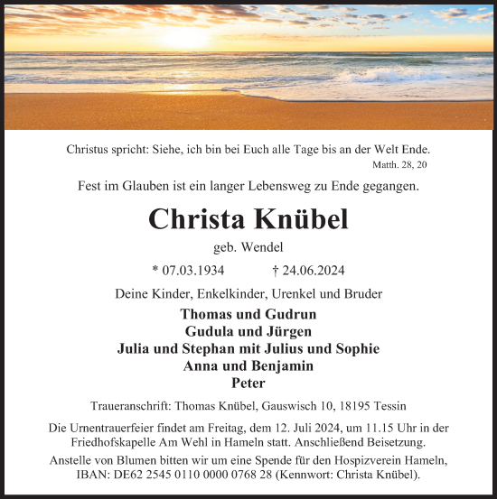 Traueranzeige von Christa Knübel von Deister- und Weserzeitung