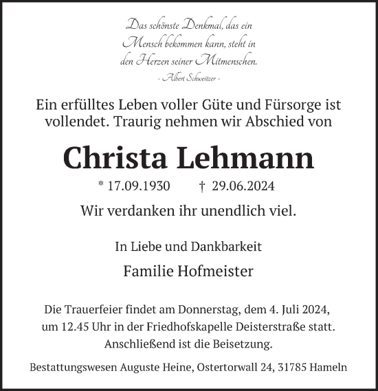 Traueranzeige von Christa Lehmann von Deister- und Weserzeitung