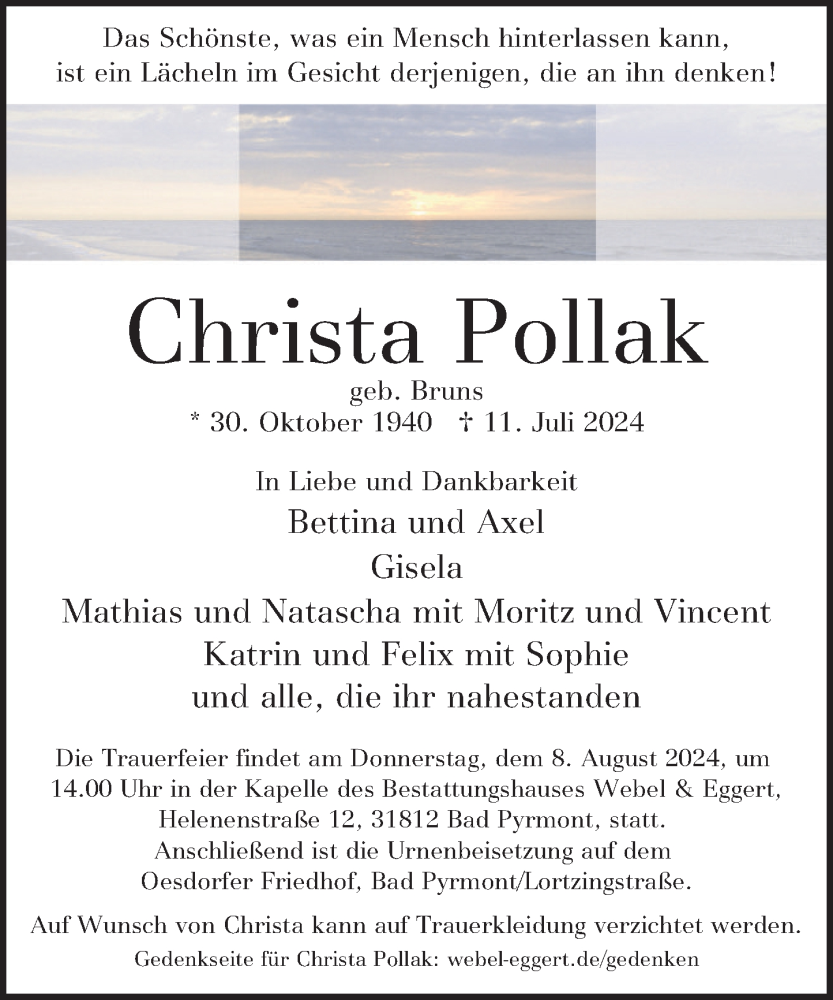  Traueranzeige für Christa Pollak vom 03.08.2024 aus Deister- und Weserzeitung
