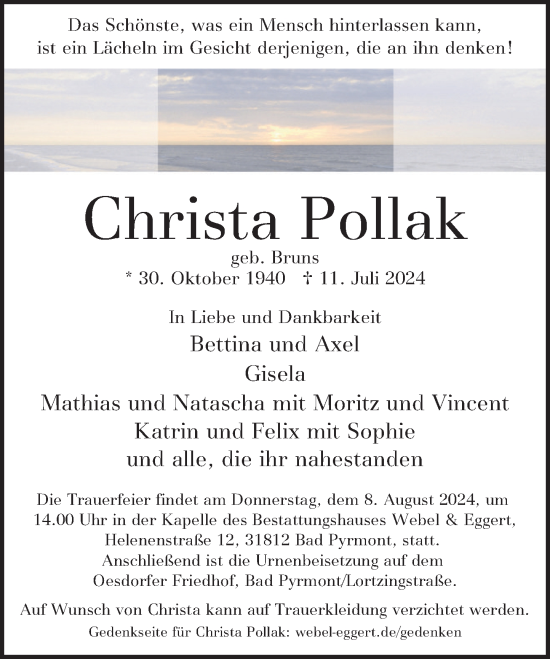 Traueranzeige von Christa Pollak von Deister- und Weserzeitung